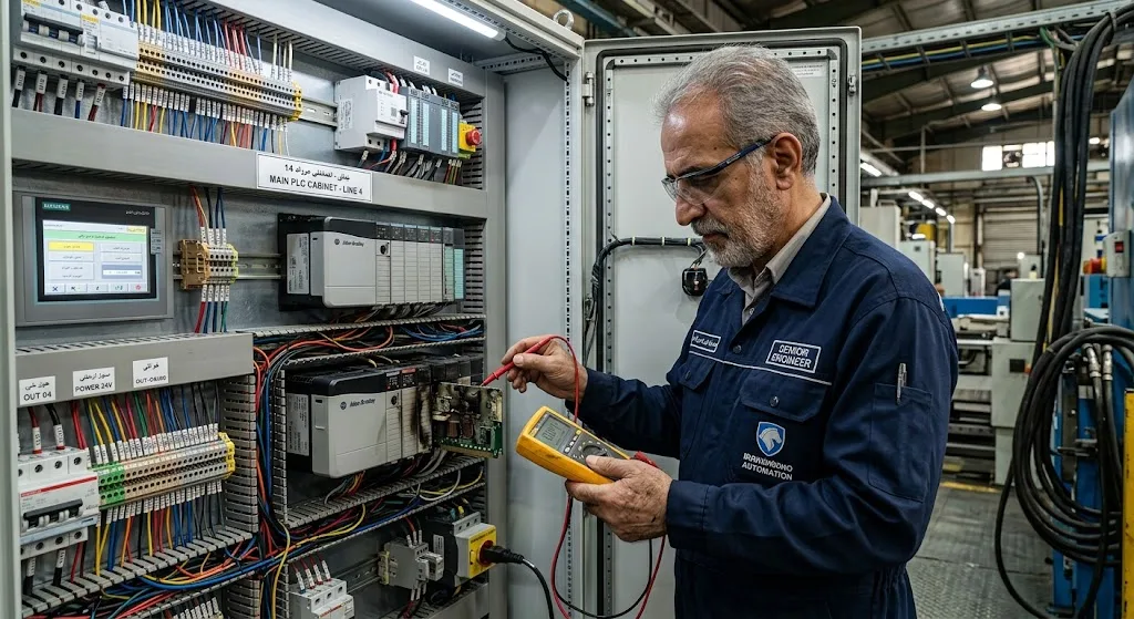 مهندس ارشد برق صنعتی در حال عیب‌یابی و تست کارت خروجی سوخته PLC با مولتی‌متر و اسیلوسکوپ در تابلو برق صنعتی ایرانی