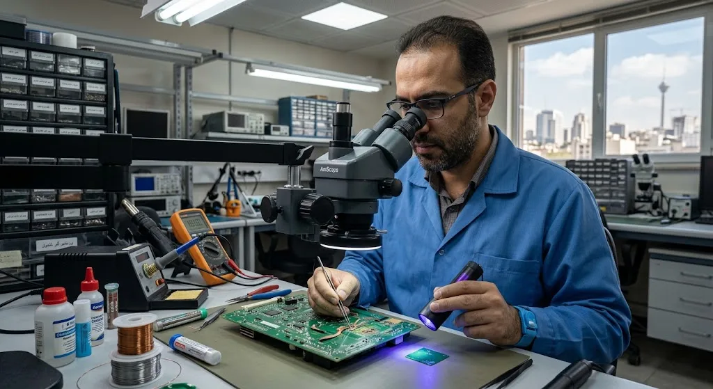 بازسازی پد و لاین آسیب‌دیده PCB صنعتی تحت میکروسکوپ توسط متخصص الکترونیک با سیم مسی لکه‌گیری و رزین UV