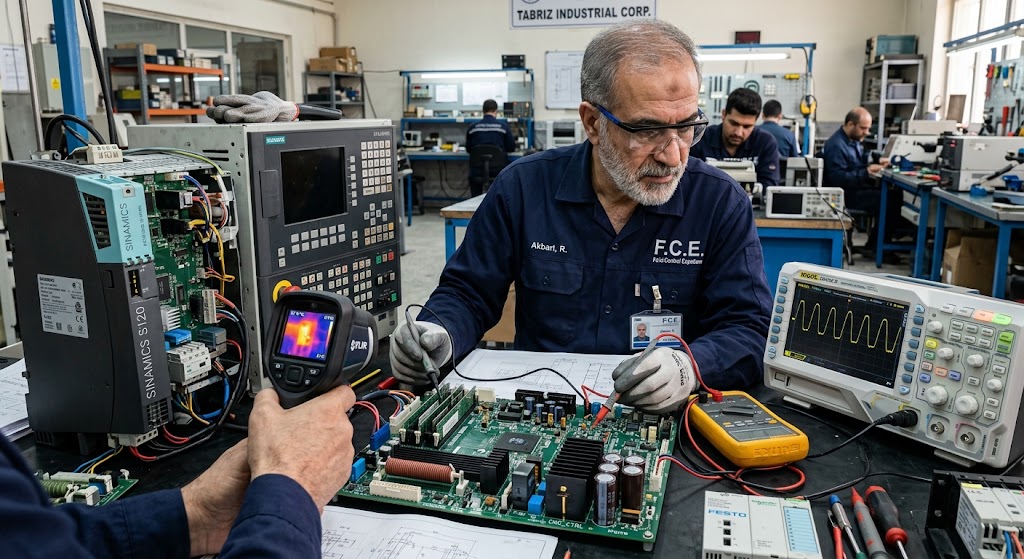 مهندس ارشد الکترونیک در حال عیب‌یابی و تست ولتاژ تزریقی روی برد کنترل CNC و سروو درایو صنعتی در کارگاه ایرانی