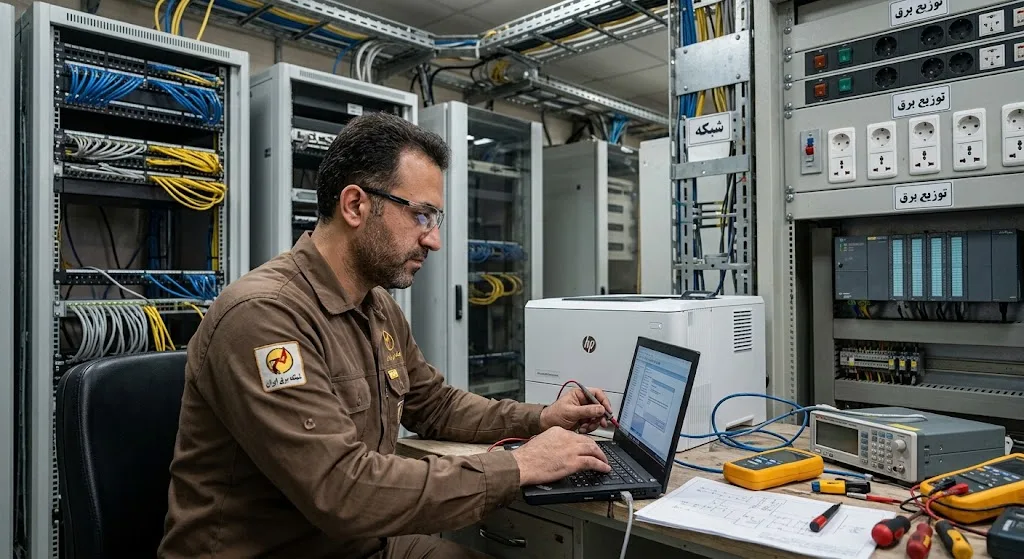 تکنیسین شبکه و برق در حال عیب‌یابی عدم پرینت پرینتر HP با لپ‌تاپ و ابزار اندازه‌گیری در یک محیط صنعتی ایرانی
