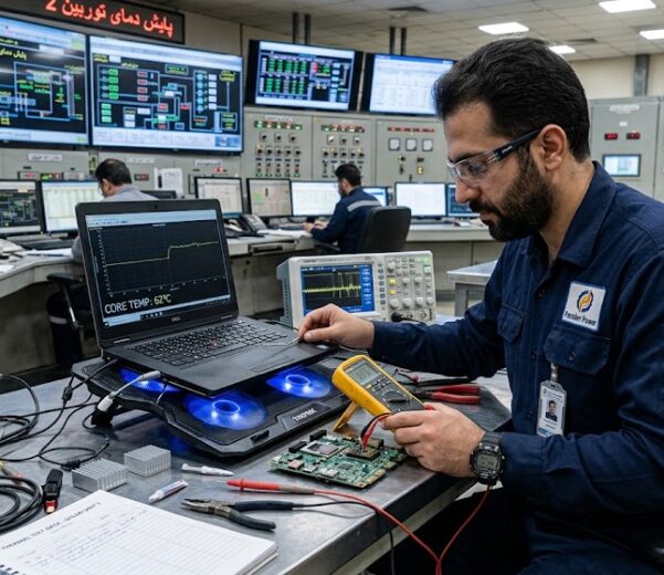 مهندس برق ایرانی در اتاق کنترل نیروگاه در حال پایش سیستم مدیریت حرارتی و کول‌پد صنعتی لپ‌تاپ مهندسی