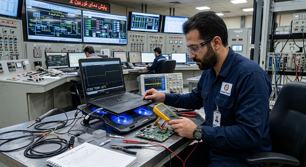 مهندس برق ایرانی در اتاق کنترل نیروگاه در حال پایش سیستم مدیریت حرارتی و کول‌پد صنعتی لپ‌تاپ مهندسی