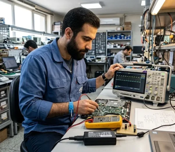 تکنیسین مهندس برق ایرانی در کارگاه الکترونیک صنعتی در حال تست ولتاژ شارژر و سوکت شارژ لپ‌تاپ با مولتی‌متر و اسیلوسکوپ