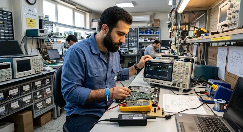 تکنیسین مهندس برق ایرانی در کارگاه الکترونیک صنعتی در حال تست ولتاژ شارژر و سوکت شارژ لپ‌تاپ با مولتی‌متر و اسیلوسکوپ