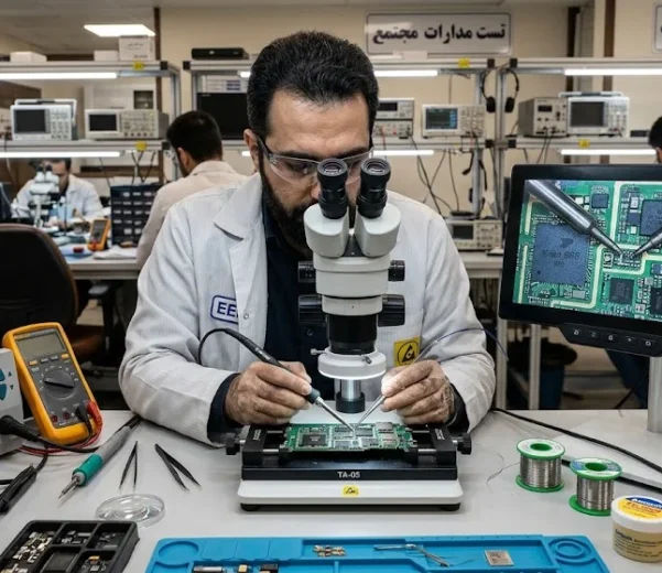 مهندس الکترونیک و تعمیرکار حرفه‌ای ایرانی در حال عیب‌یابی و لحیم‌کاری زیر میکروسکوپ روی برد موبایل در کارگاه برق و الکترونیک
