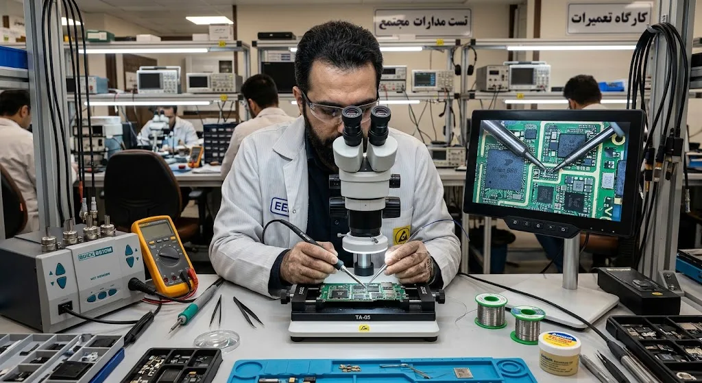 مهندس الکترونیک و تعمیرکار حرفه‌ای ایرانی در حال عیب‌یابی و لحیم‌کاری زیر میکروسکوپ روی برد موبایل در کارگاه برق و الکترونیک